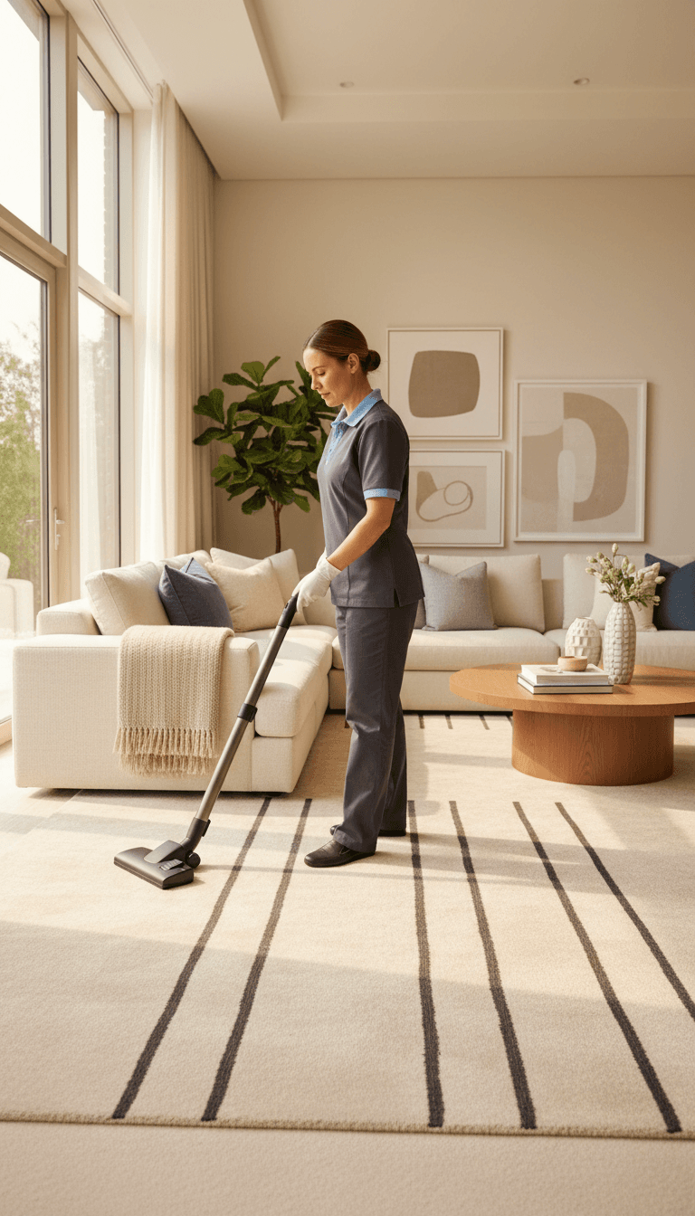 Woman vacuuming a carpet in a bright living room