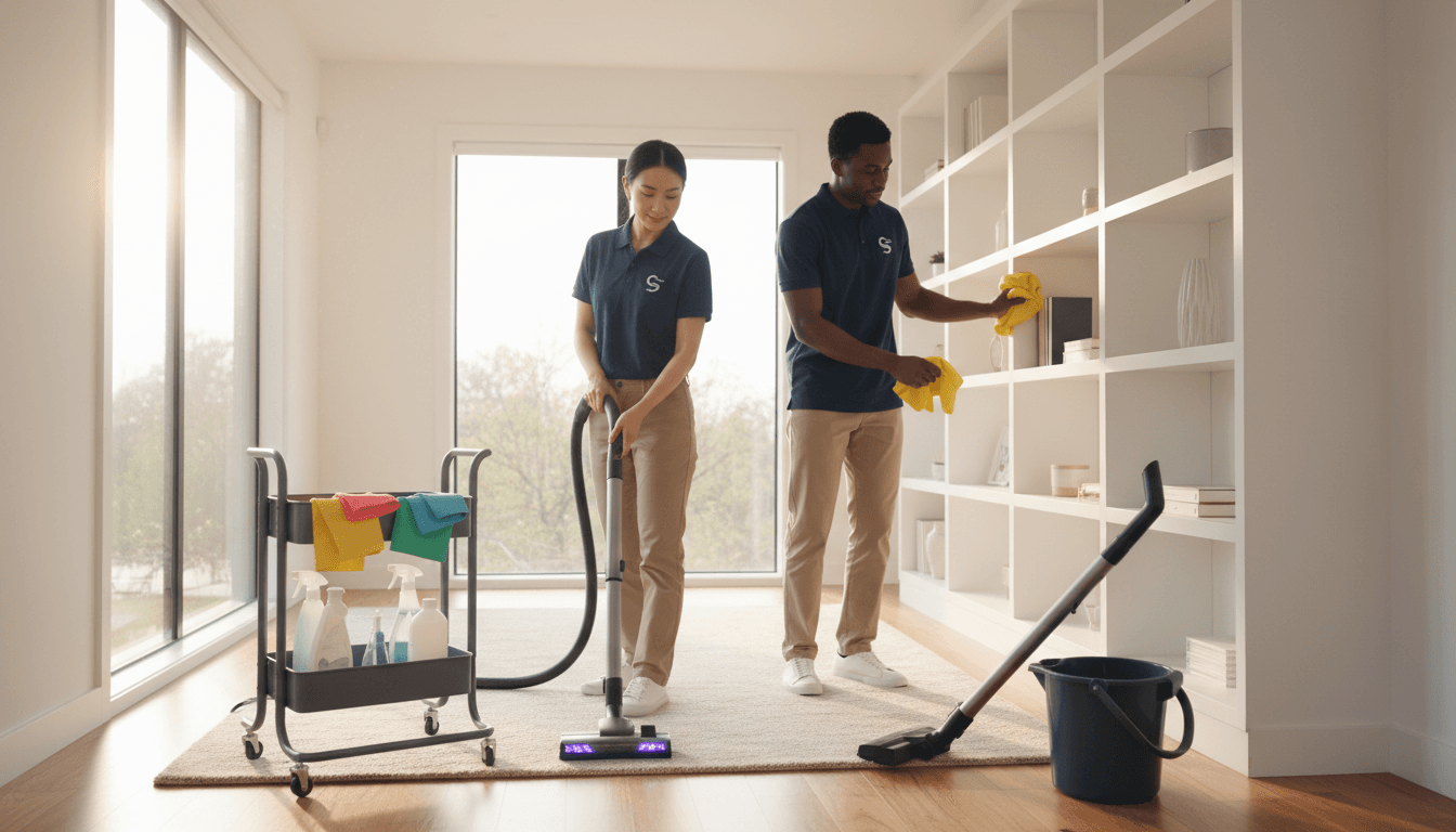 Cleaning team at work in a bright home