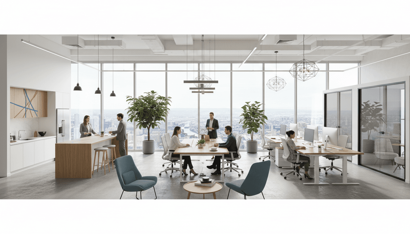 Prismatic commercial office interior with large windows