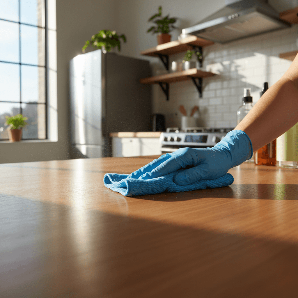 professional cleaner wiping down kitchen counter in bright modern home