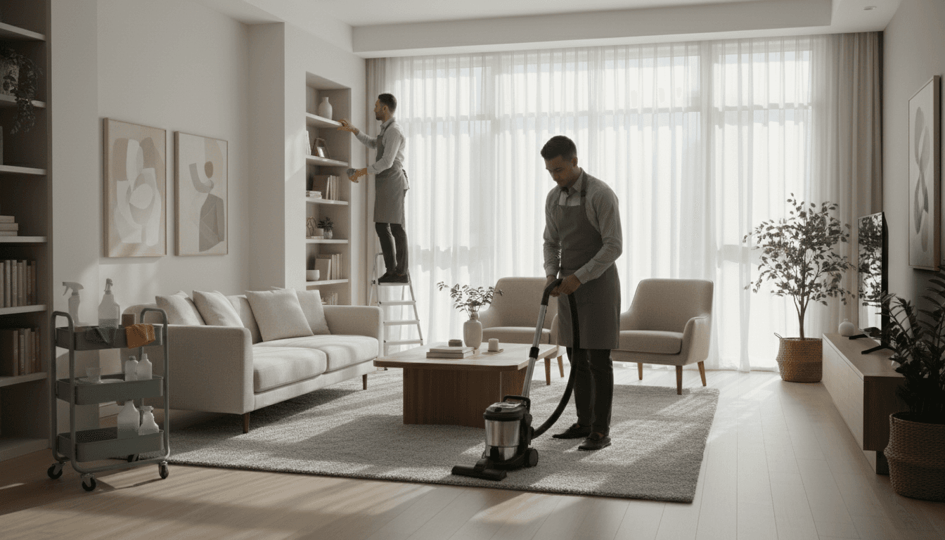 Cleaner dusting a living room shelf in a bright home