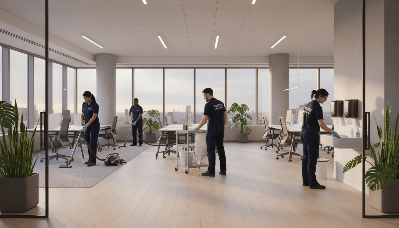 Professional cleaner mopping an office hallway
