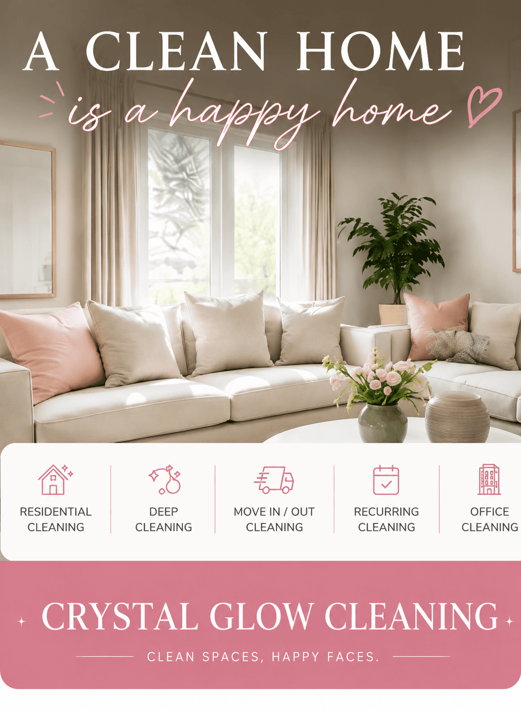 Crystal Glow Cleaning advertisement featuring a bright living room with white sofa and cleaning services.